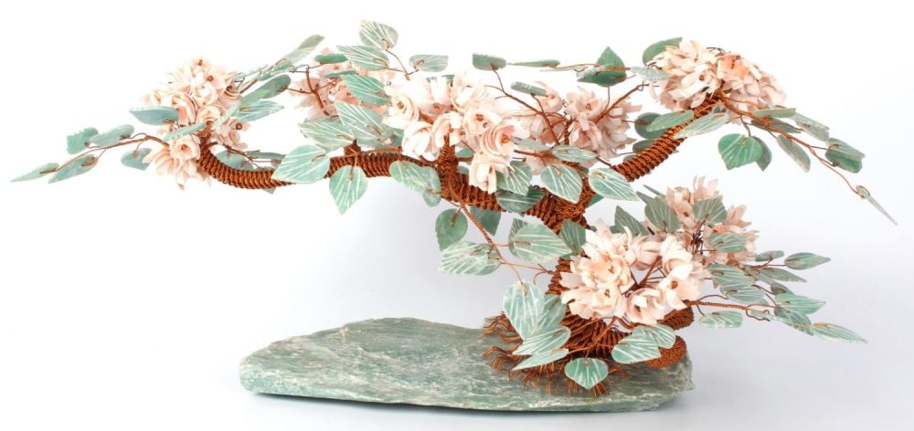 Lot 126191: COPPER, AMAZONITE, AND MANOLE FLOWERS BONSAI TREE