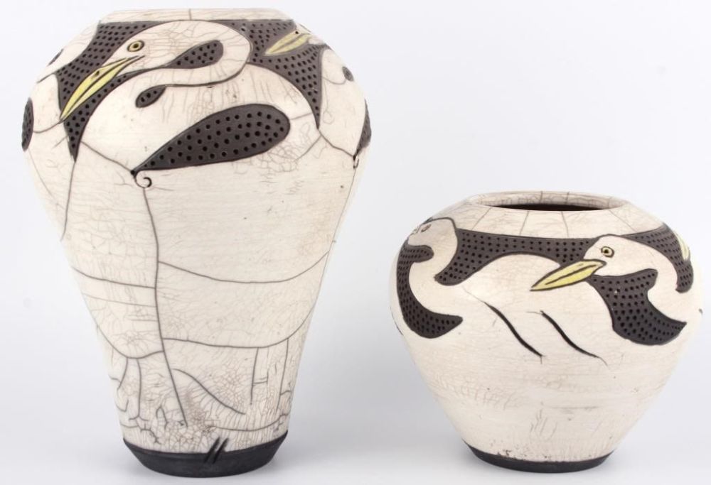 Lot 128178: ROBIN RODGERS SIGNED RAKU FIRED EGRET VESSELS