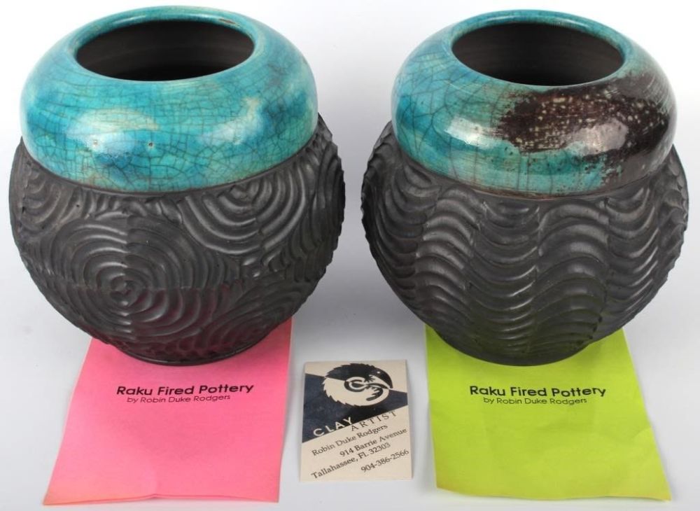 Lot 128179: ROBIN RODGERS SIGNED RAKU FIRED POTTERY VESSELS