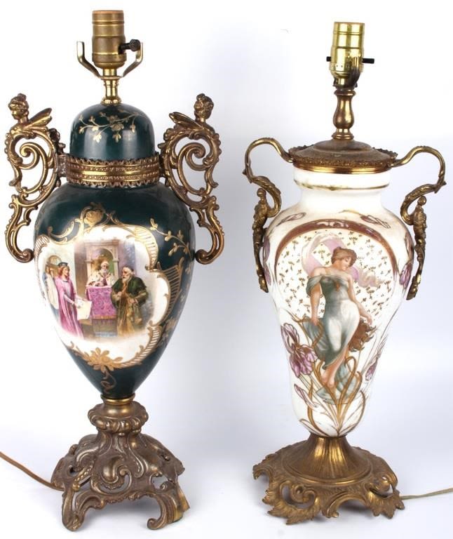 Lot 129193: ANTIQUE PORCELAIN PAINTED & BRASS TABLE LAMPS (2)