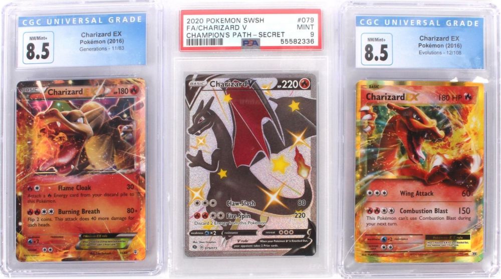 Lot 133165: CHARIZARD EX CGC 8.5 & CHARIZARD V PSA 9- LOT OF 3