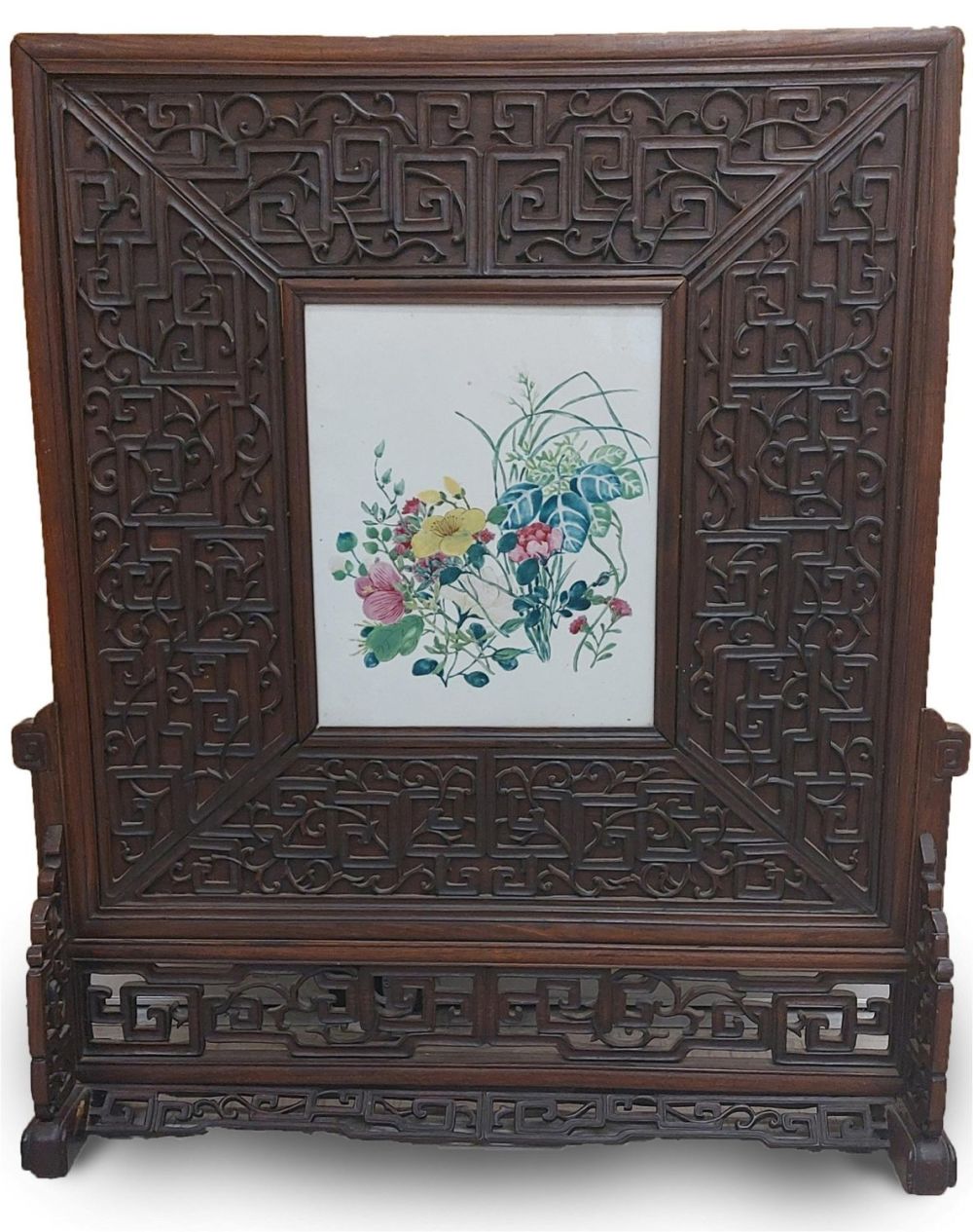 Lot 133177: ASIAN HAND PAINTED TABLE SCREEN W/ PORCELAIN TILE