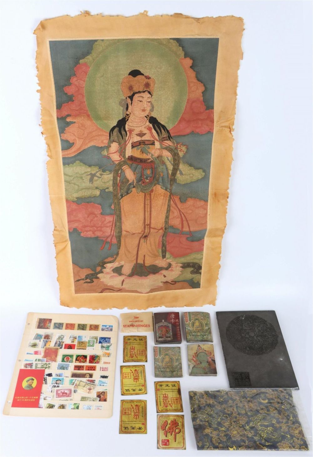 Lot 135156: ASIAN RICE PAPER PRINT, ASSORTED STAMPS & MORE