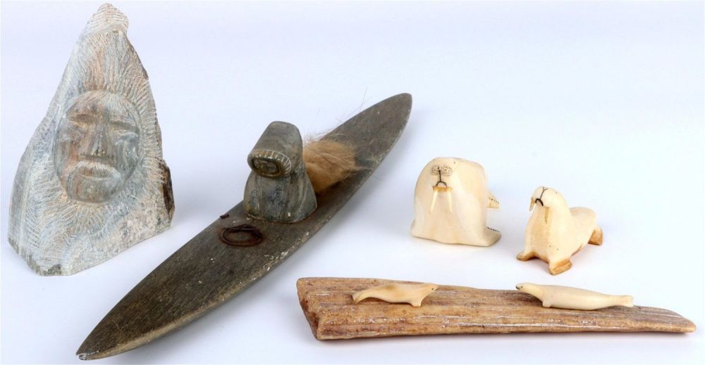 Lot 135169: ESKIMO INUIT WALRUS TUSK & SOAPSTONE CARVINGS