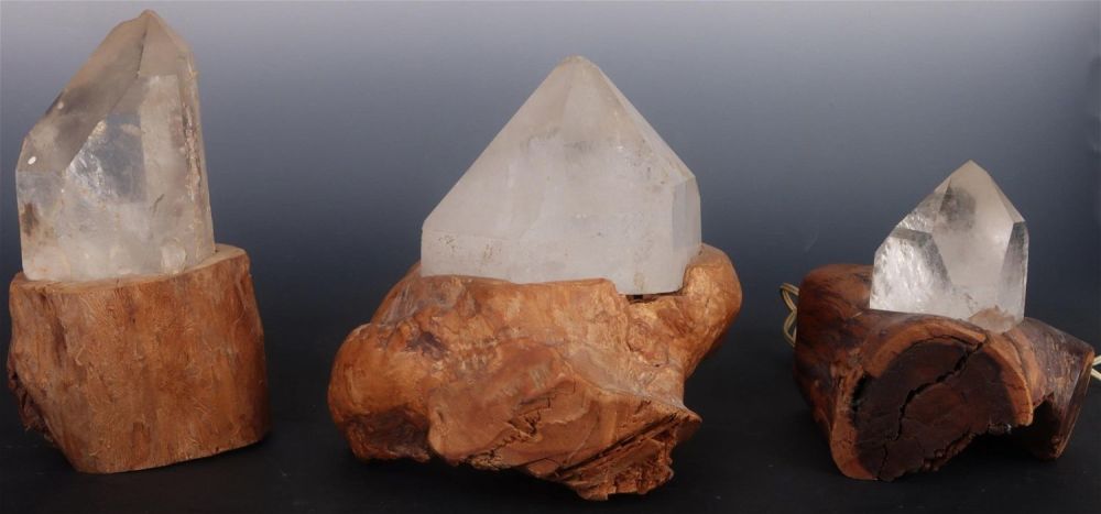 Lot 135189: HANDCRAFTED QUARTZ CRYSTAL LAMPS EMBEDDED IN WOOD