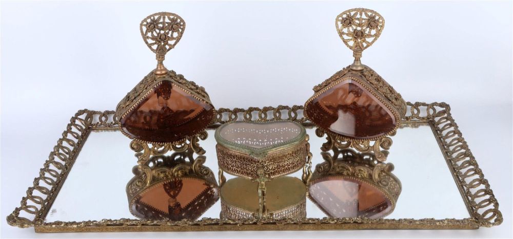 Lot 135191: ANTIQUE PERFUMERY WITH BOTTLES, JEWELRY BOX & TRAY