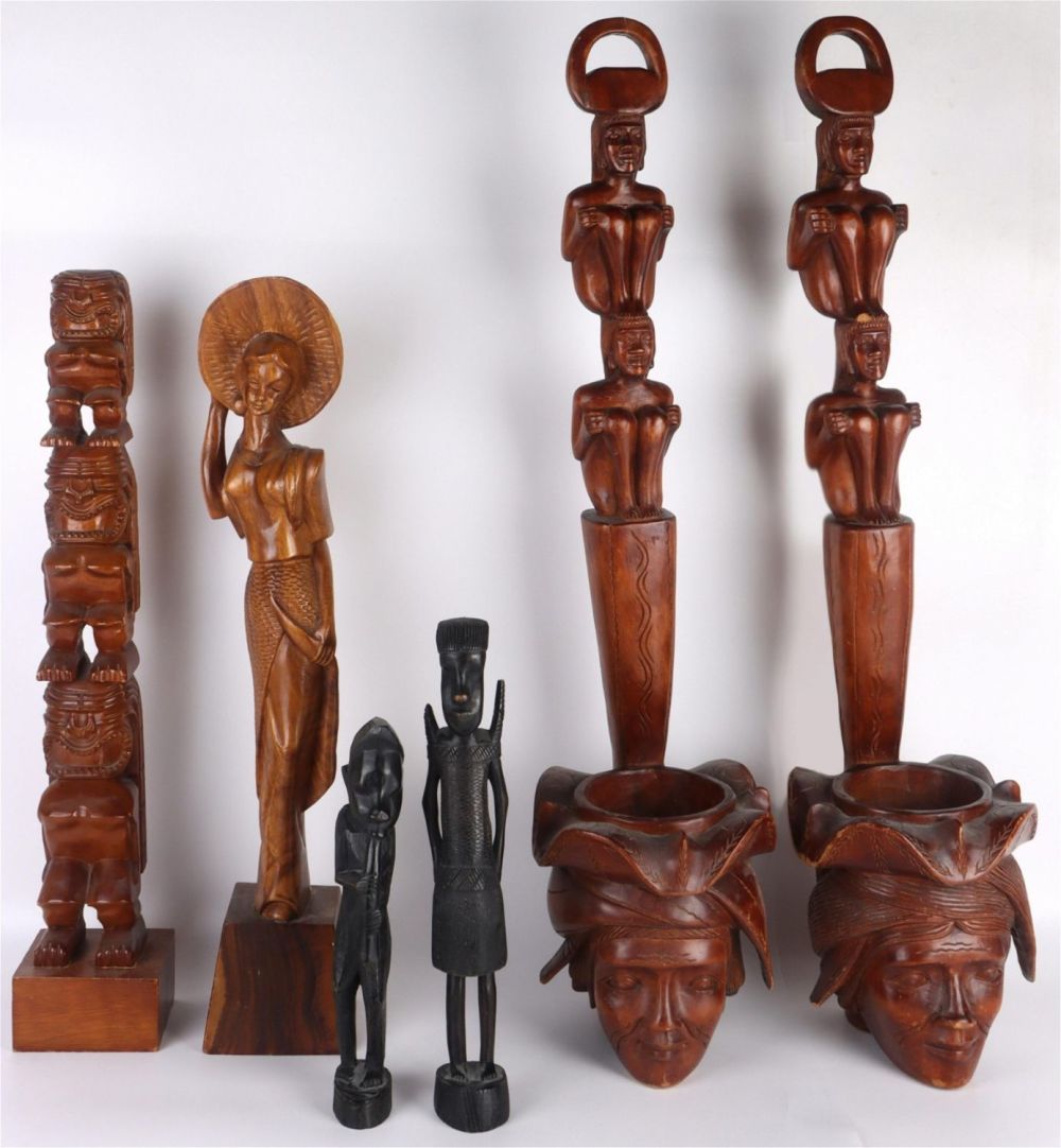Lot 136157: POLYNESIAN CARVED TIKI FIGURES & WATER DIPPERS (6)
