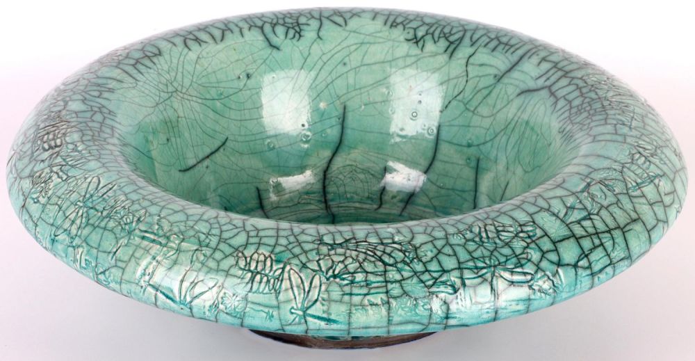 Lot 138166: HANDMADE TEAL CRACKLE GLAZED POTTERY BOWL
