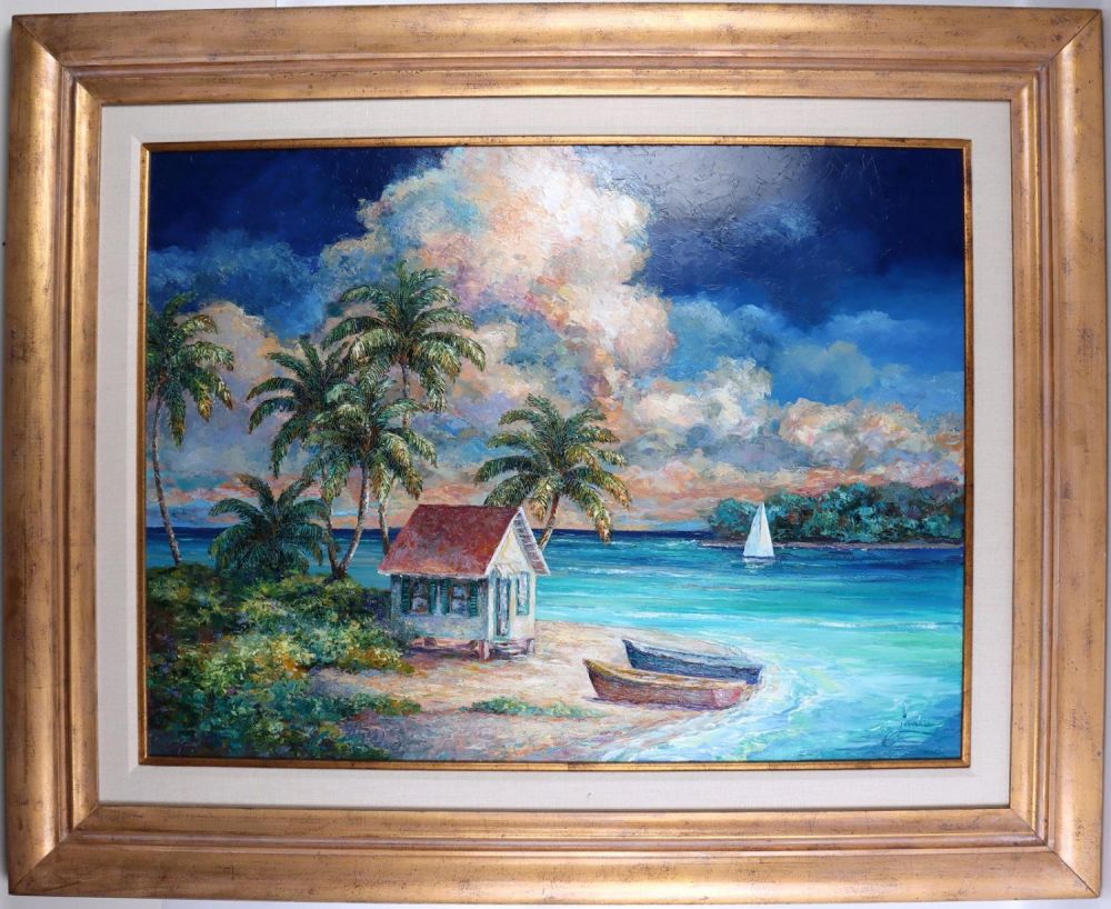 Lot 139151: SISSI JANKU "DAYS END" 53 X 43" OIL BEACH SCENERY