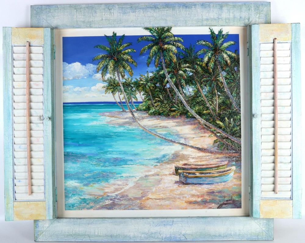 Lot 139152: SISSI JANKU "2 BOATS" OIL PAINTING WINDOW FRAME