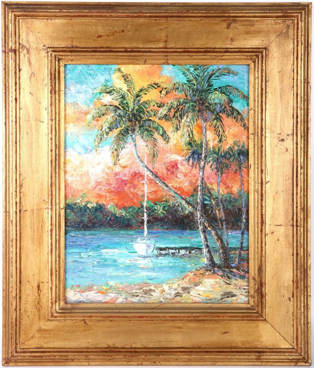 Lot 139154: SISSI JANKU SUNSET BEACH PALMS OIL PAINTING SIGNED