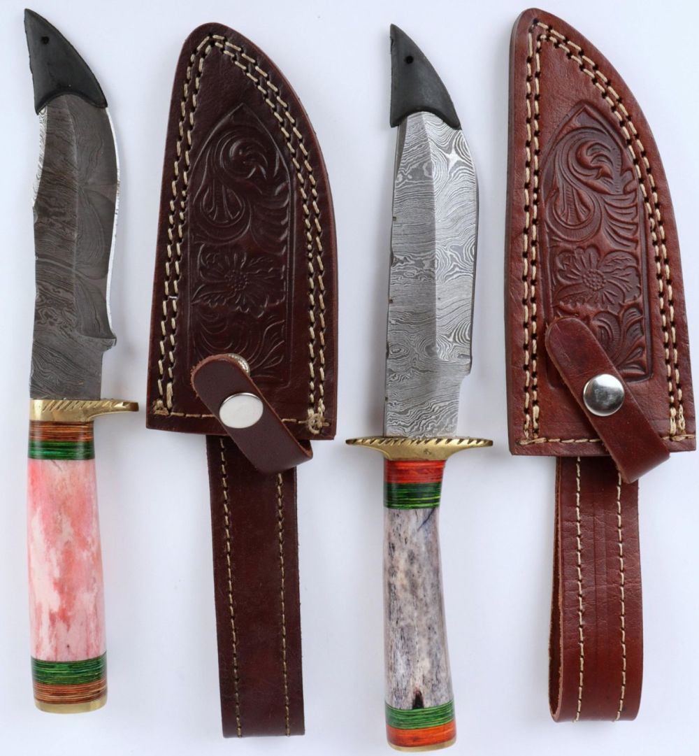 Lot 139198: DAMASCUS STEEL BOWIE KNIVES COLORED WOOD & STONE