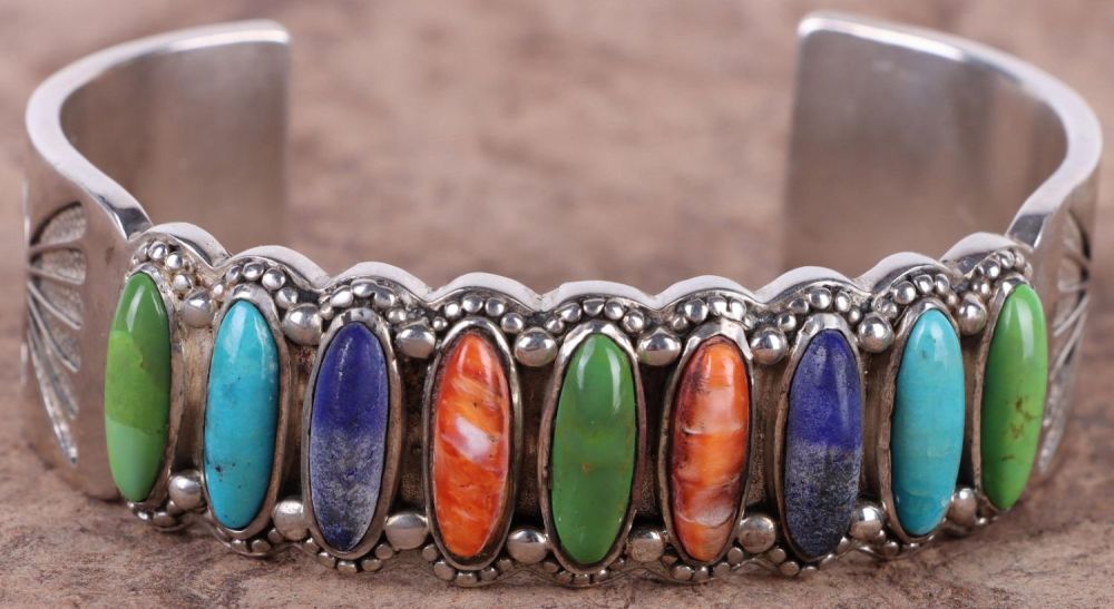 Lot 141159: SOUTHWEST STERLING CUFF BRACELET ASTD. GEMSTONES