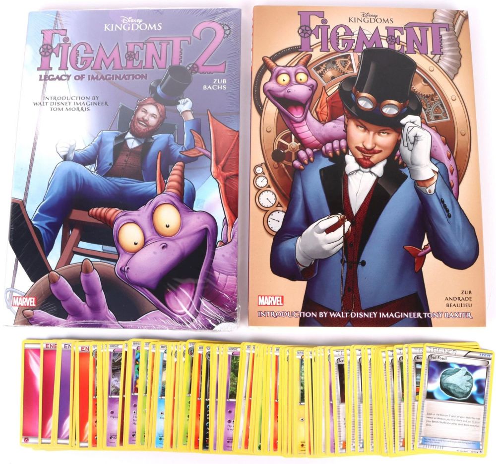 Lot 141168: POKEMON CARDS & DISNEY MARVEL FIGMENT 1 & 2 BOOKS
