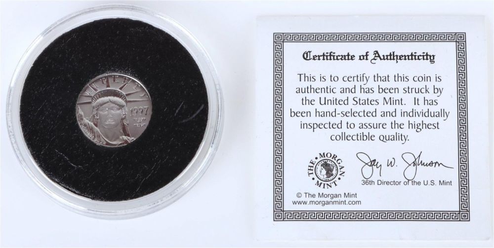 Lot 142162: 1/10 OZT .9995 FINE PLATINUM $10 US COIN W/ COA