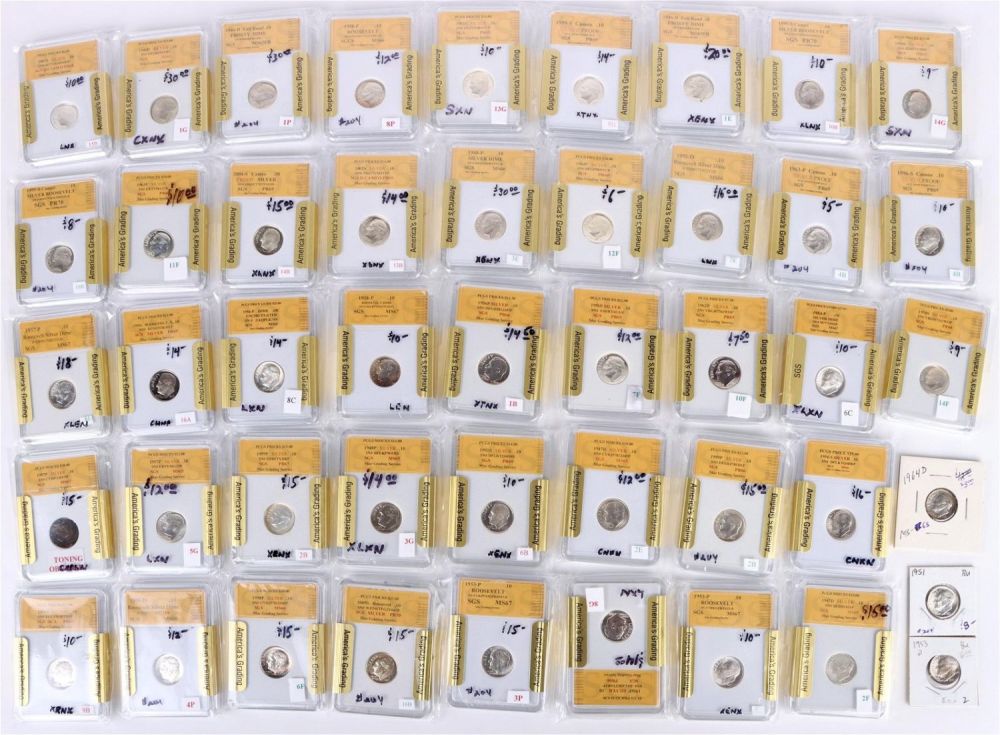 Lot 142172: SILVER SGS GRADED ROOSEVELT DIMES - LOT OF 46