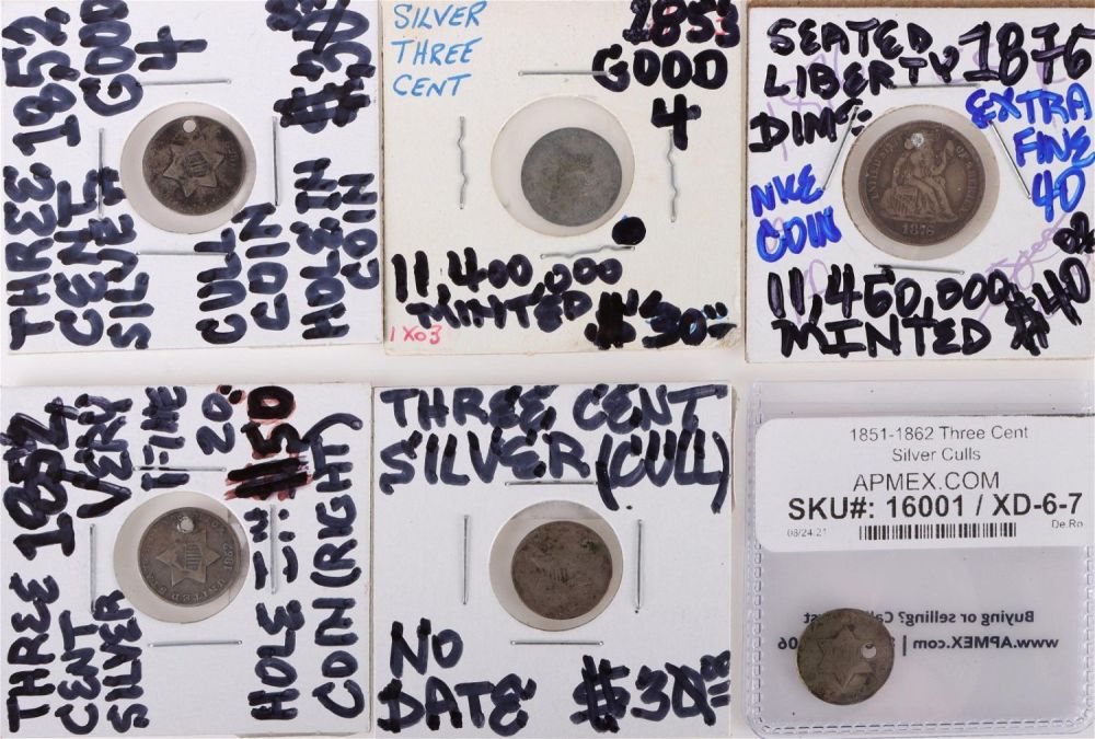 Lot 142176: SILVER THREE CENT COINS & SILVER LIBERTY DIME