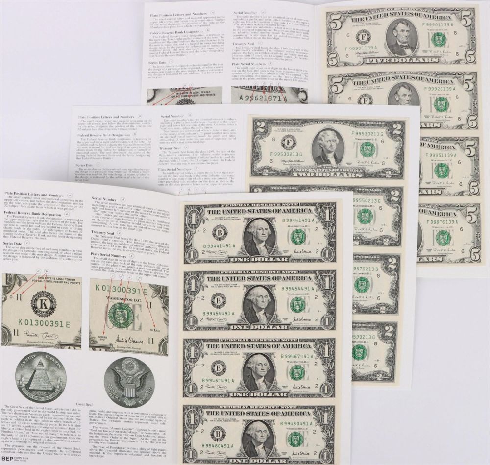 Lot 142193: US OFFICIAL UNCUT MINT SHEETS OF BILLS $1, $2 & $5