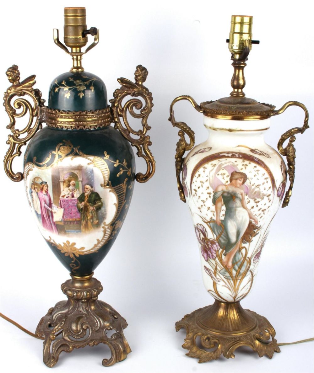 Lot 143184: ANTIQUE PORCELAIN PAINTED & BRASS TABLE LAMPS (2)