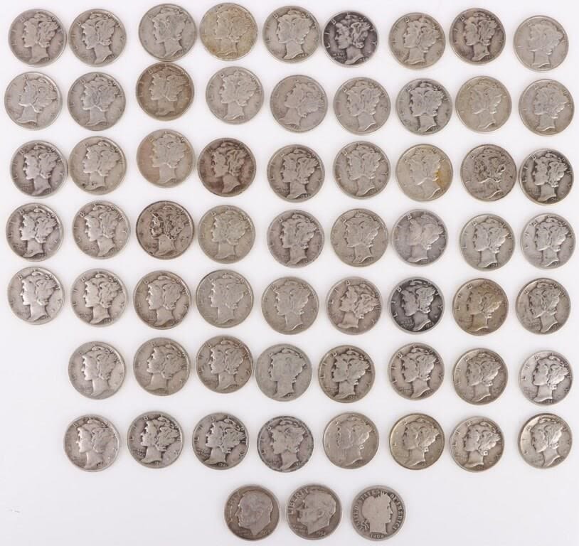 Lot 144161: SILVER MERCURY, ROOSEVELT, & BARBER DIMES - (64)