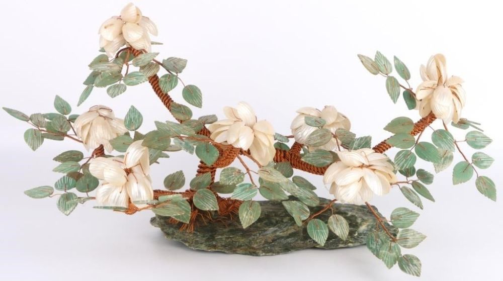 Lot 144207: ASIAN FAUX JADE COPPER & MANOLE TREE SCULPTURE