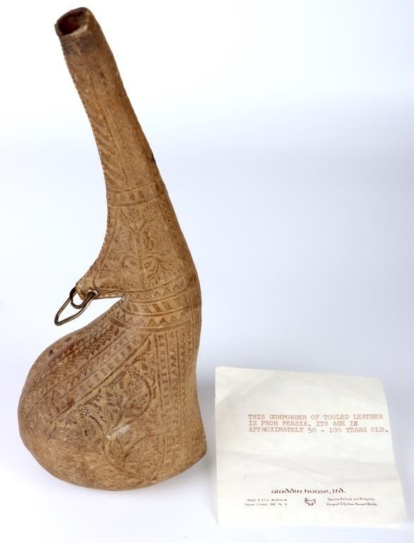 Lot 144259: PERSIAN GUNPOWDER TOOLED LEATHER FLASK
