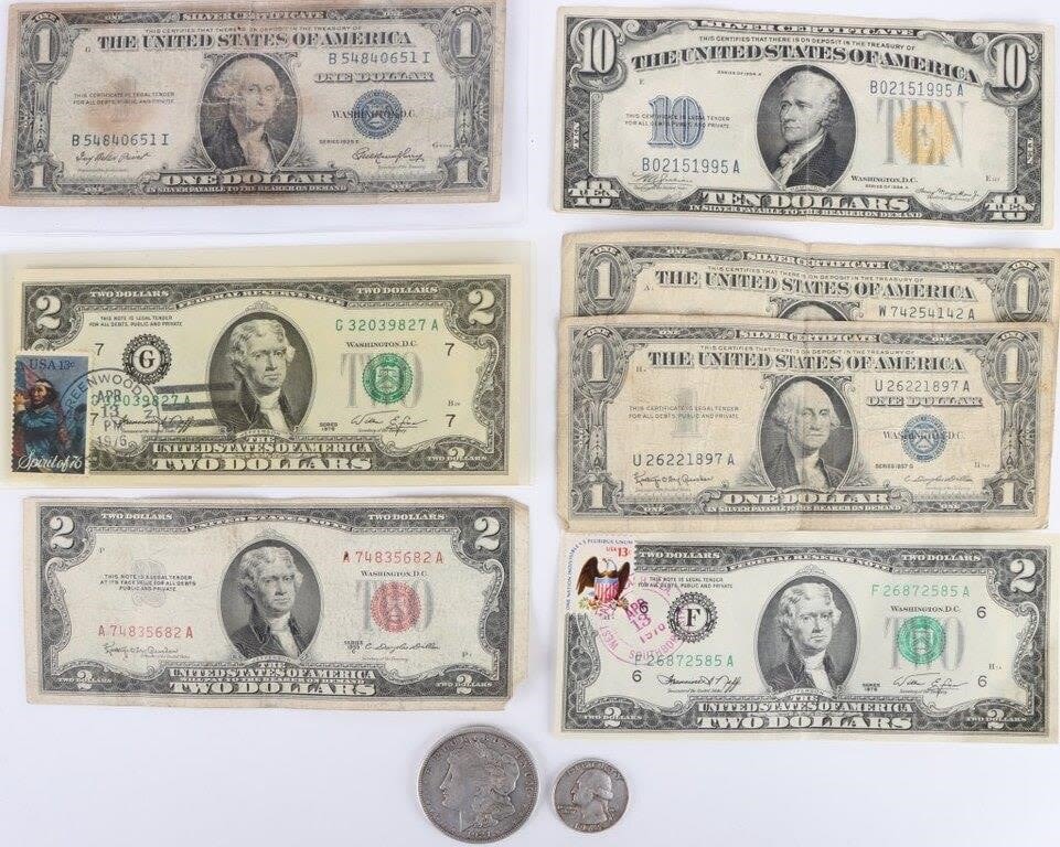 Lot 145162: COLLECTOR'S US BILLS + COINS (MORGAN, SILVER, 10)
