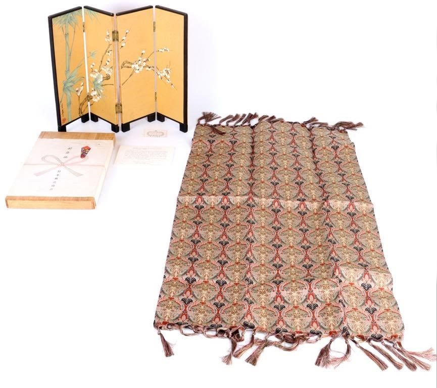Lot 146226: CHINESE TATSUMURA BROCADE & FOLDING TABLE SCREEN