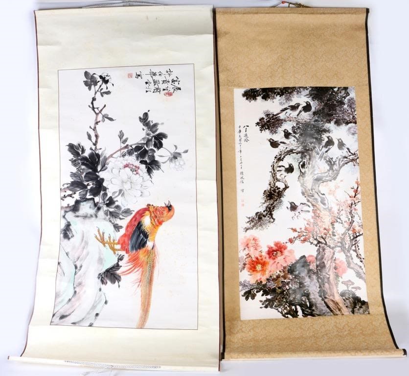 Lot 146232: JAPANESE PRINTED FLORAL HANGING SCROLLS - LOT OF 2