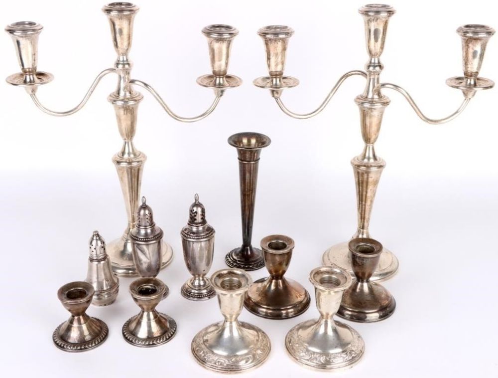 Lot 146239: STERLING SILVER WEIGHTED CANDLE HOLDERS & MORE