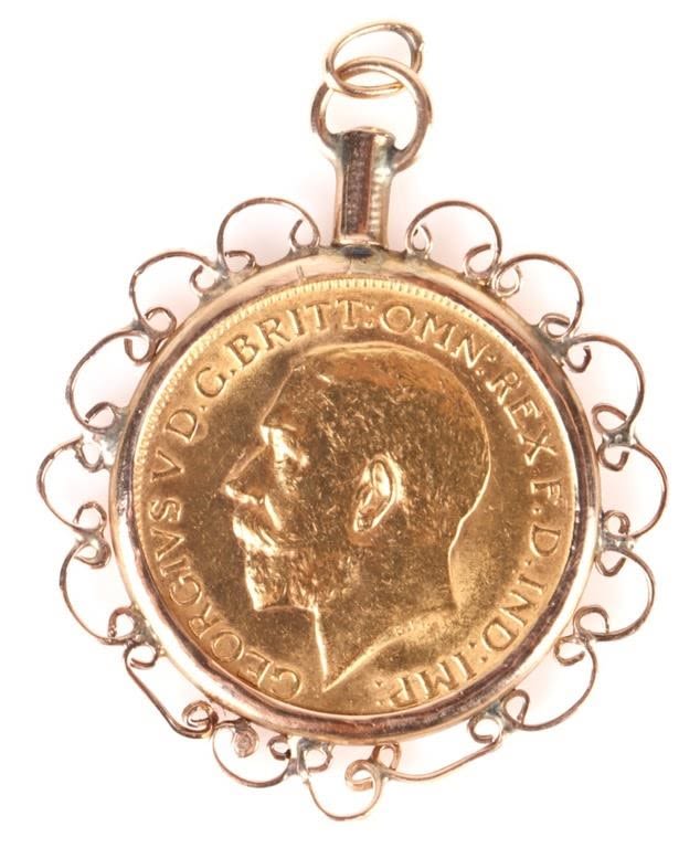 Lot 146244: 1912 GOLD FULL SOVEREIGN 14K PENDANT KING GEORGE