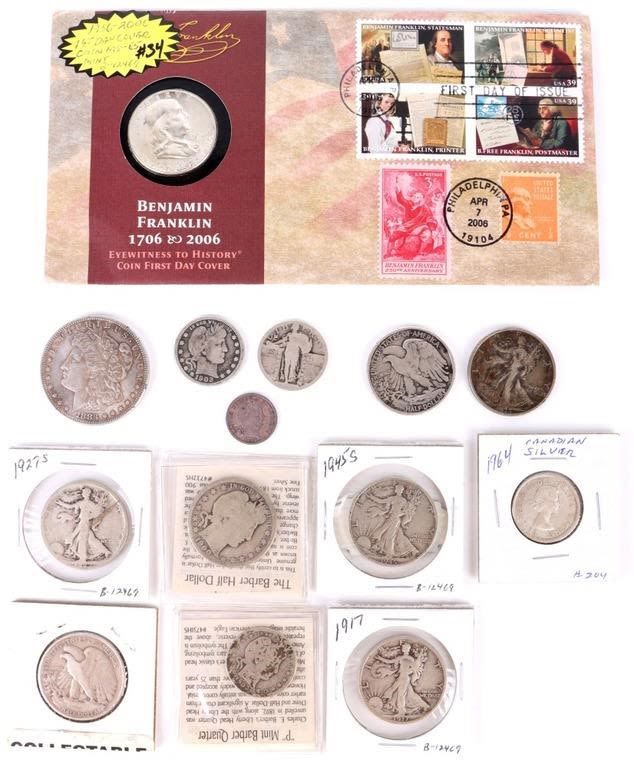 Lot 146250: 90% SILVER COINS - BARBER, MORGAN, LIBERTY, ETC.