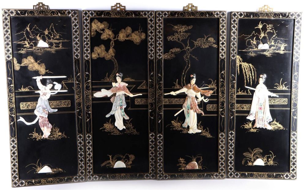 Lot 149155: ASIAN WOODEN LACQUERED QUARTZ-INLAID PANELS