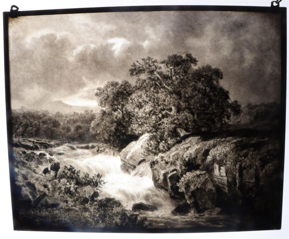 Lot 149160: BLACK PAINTED STAINED GLASS LANDSCAPE PAINTING