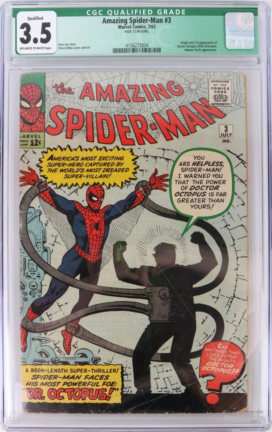 Lot 149179: AMAZING SPIDERMAN #3 CGC 3.5 - 1ST DR. OCTOPUS