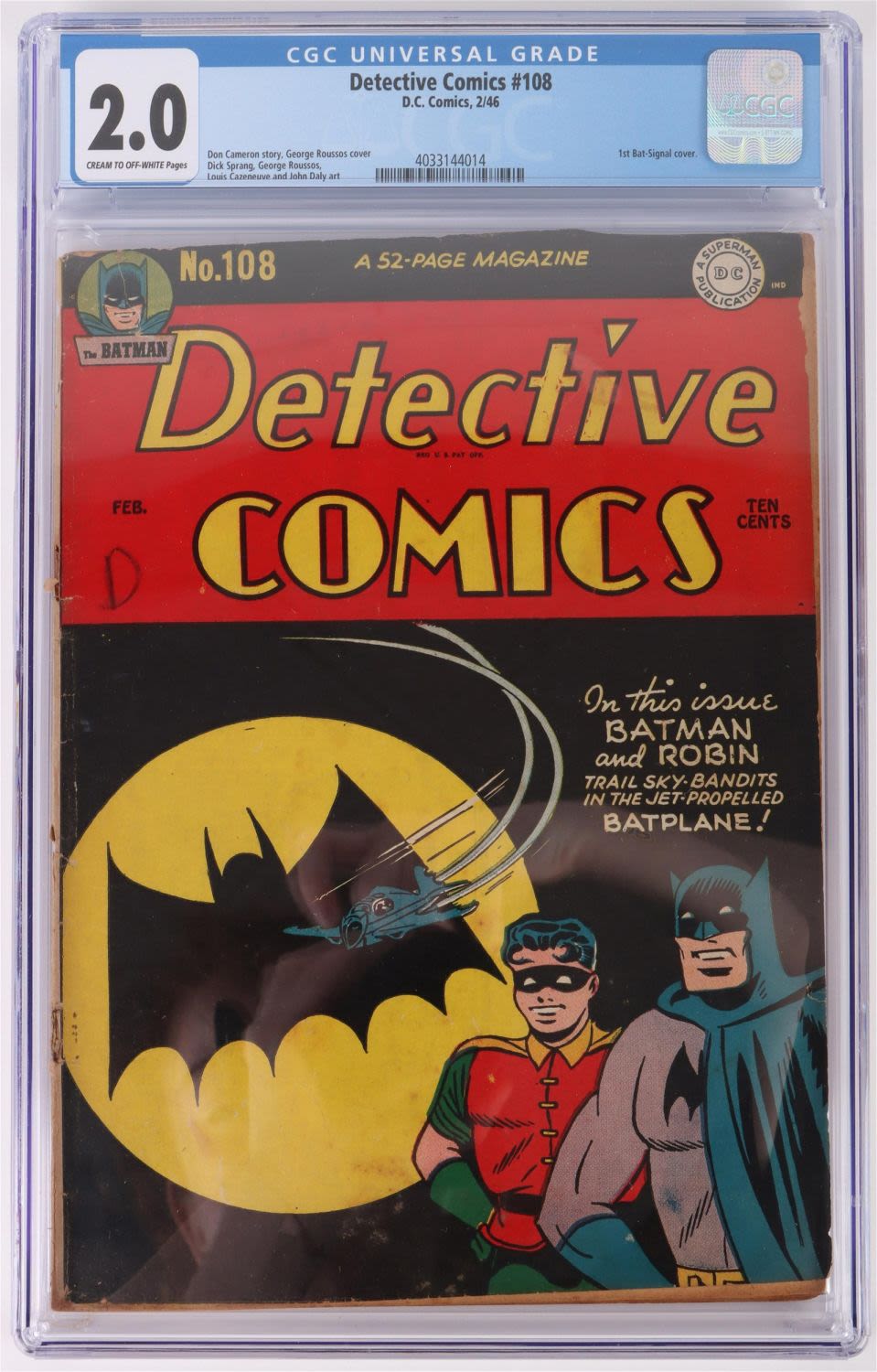 Lot 149181: DETECTIVE COMICS #108 CGC 2.0-1ST BAT SIGNAL COVER