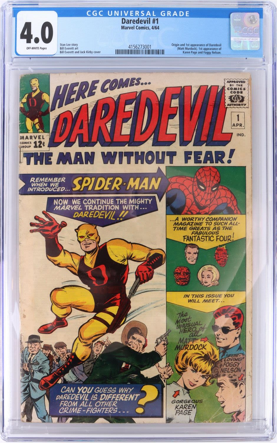 Lot 149183: DAREDEVIL #1 CGC 4.0 - 1ST APP. & ORIGIN DAREDEVIL