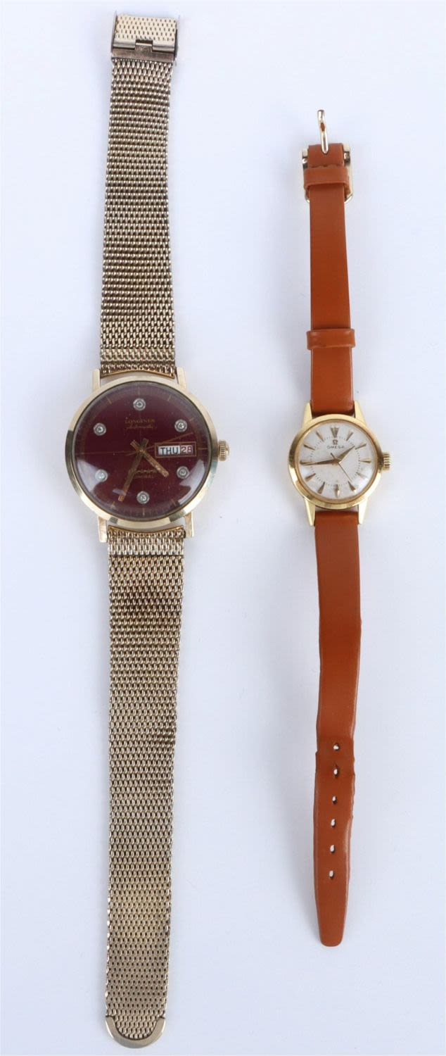 Lot 149206: 10K GOLD WRISTWATCHES LONGINES & OMEGA LEATHER