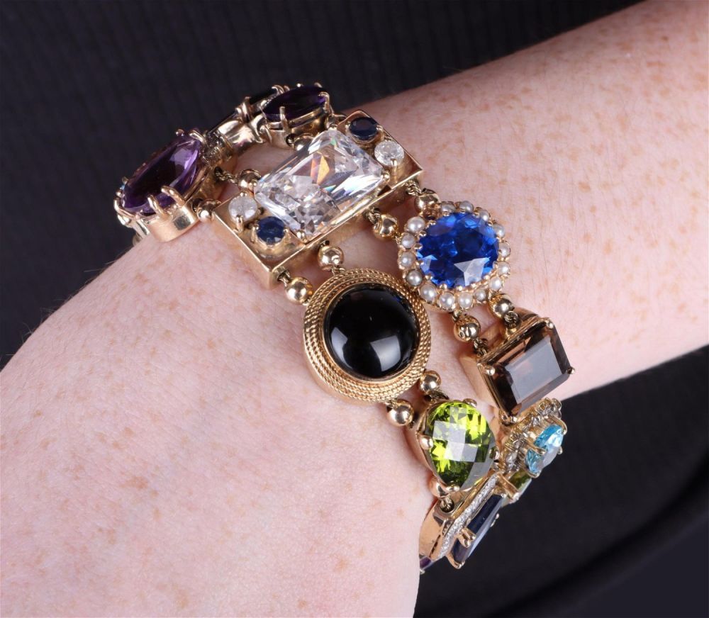 Lot 156153C: 14K YELLOW GOLD GEMSTONE DOUBLE SLIDE BRACELET