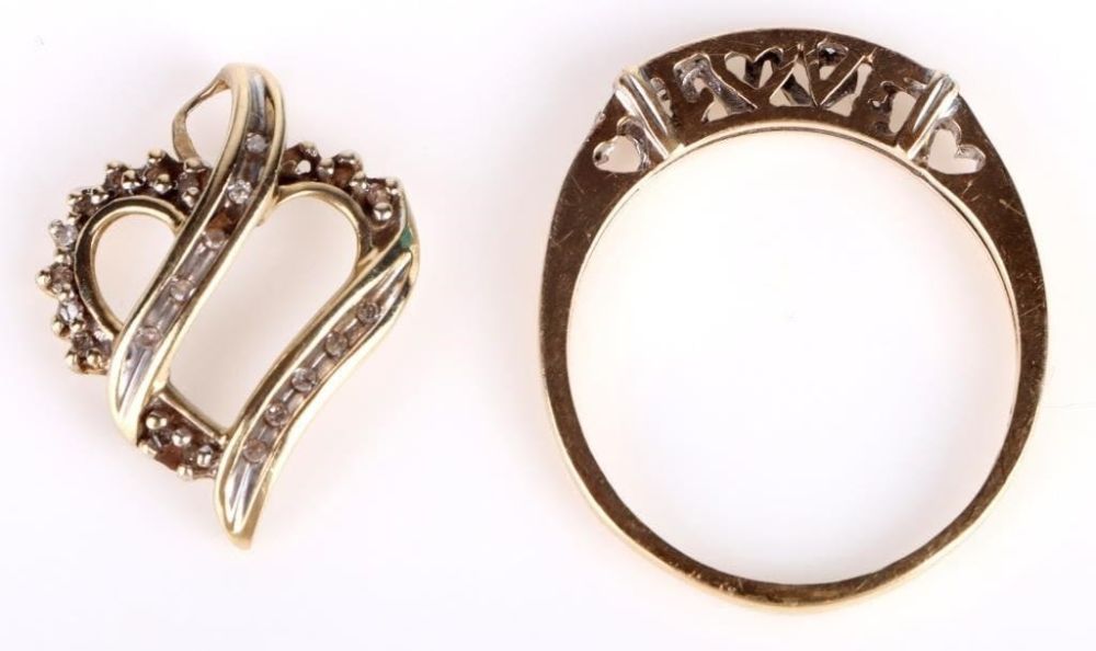 Lot 157160: 10K GOLD DIAMOND PENDANT & LOVE RING SET