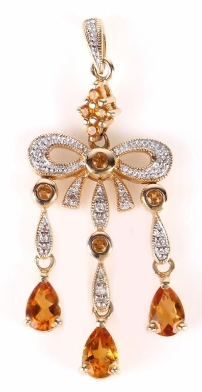 Lot 157172: 14K YELLOW GOLD DIAMOND CITRINE BOW PENDANT