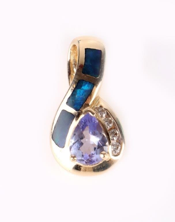 Lot 157177: 14K YELLOW GOLD OPAL, DIAMOND & TANZANITE PENDANT