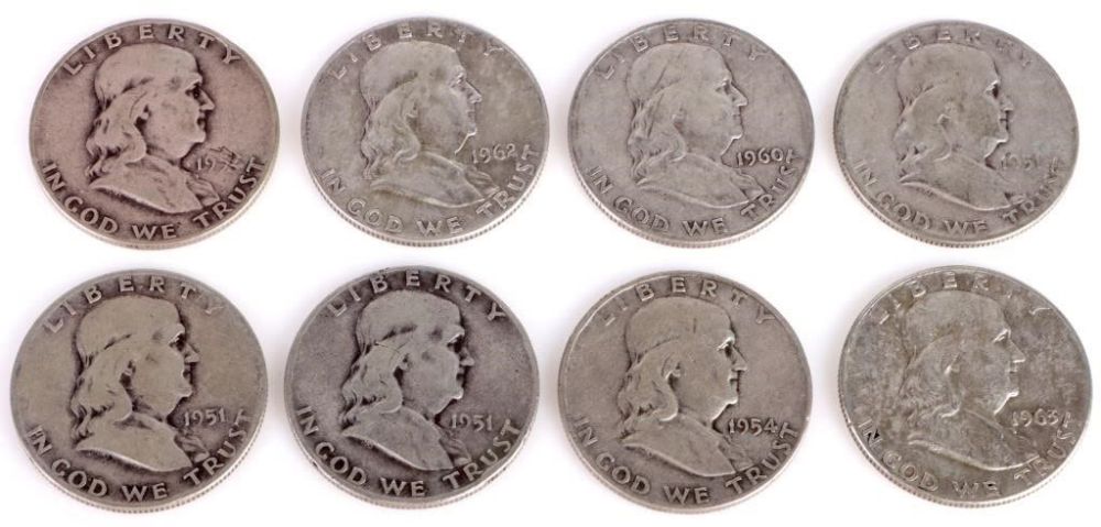 Lot 157267: 90% SILVER FRANKLIN HALF DOLLARS - LOT OF 8