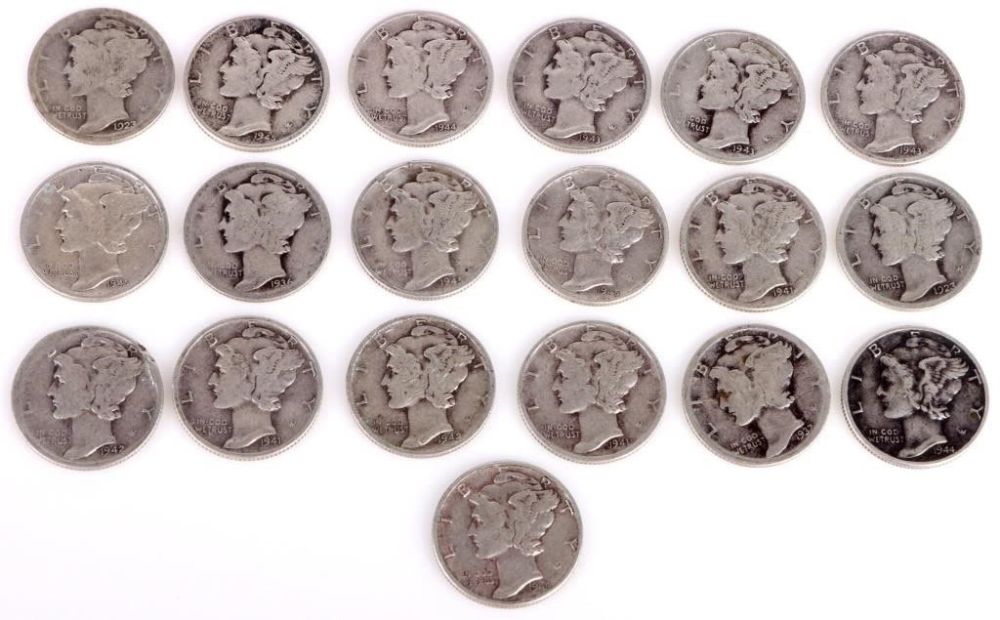 Lot 157269: 90% SILVER MERCURY DIMES - LOT OF 19