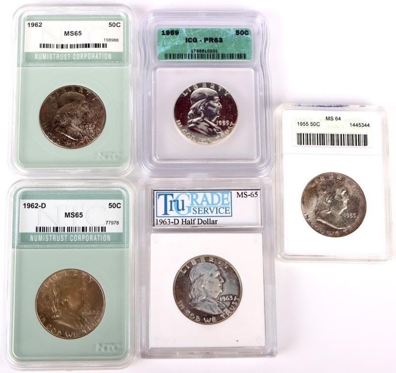 Lot 158221: GRADED BEN FRANKLIN 90% SILVER HALF DOLLARS