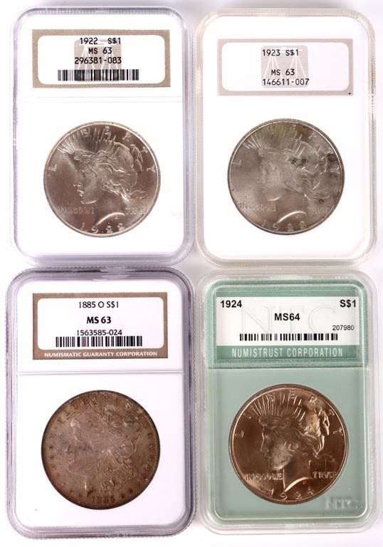 Lot 158223: GRADED PEACE & MORGAN 90% SILVER U.S. $1 COINS (4)