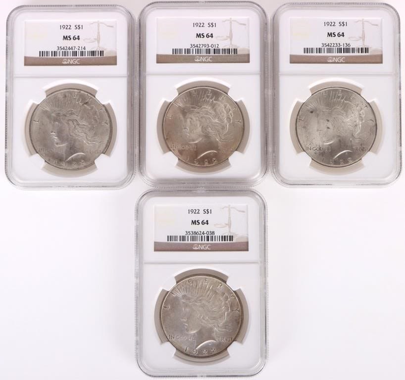 Lot 158225: 1922 MS64 90% SILVER NGC PEACE DOLLARS - LOT OF 4