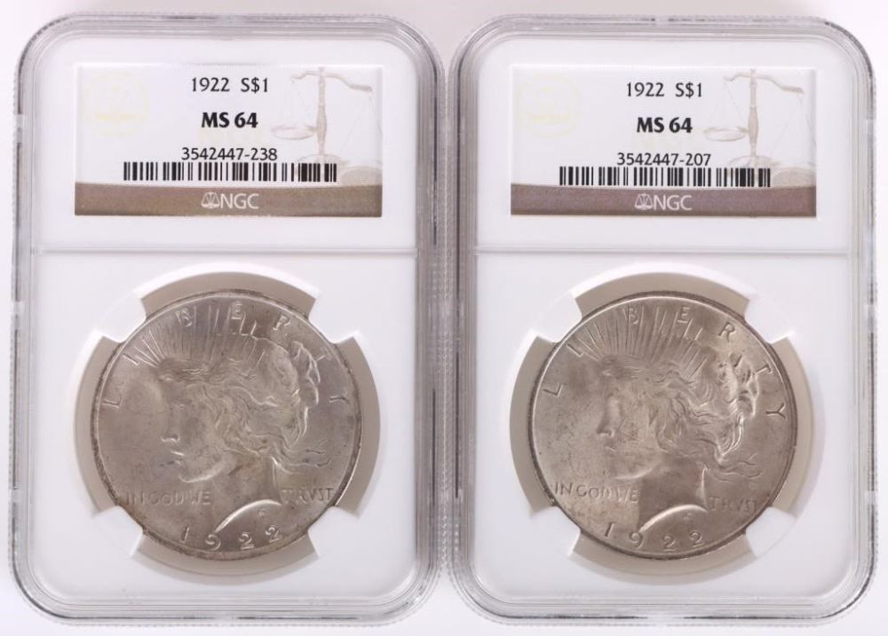 Lot 158226: 1922 MS64 90% SILVER NGC PEACE DOLLARS - LOT OF 2