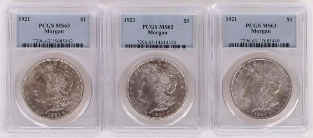 Lot 158228: 1921 MS63 90% SILVER PCGS MORGAN DOLLARS - (3)