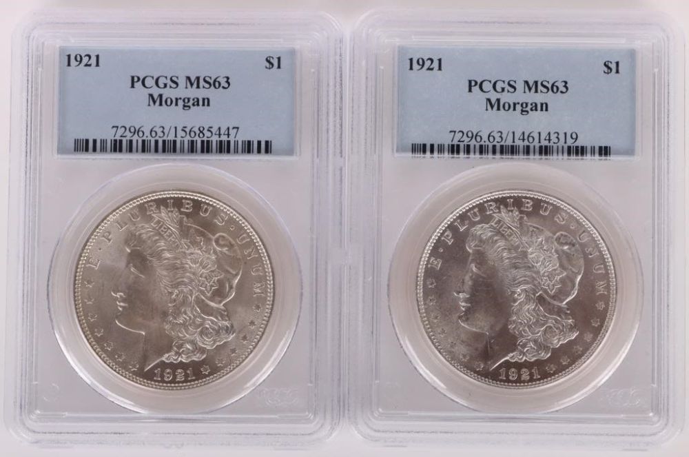 Lot 158229: 1921 MS63 90% SILVER PCGS MORGAN DOLLARS -  (2)
